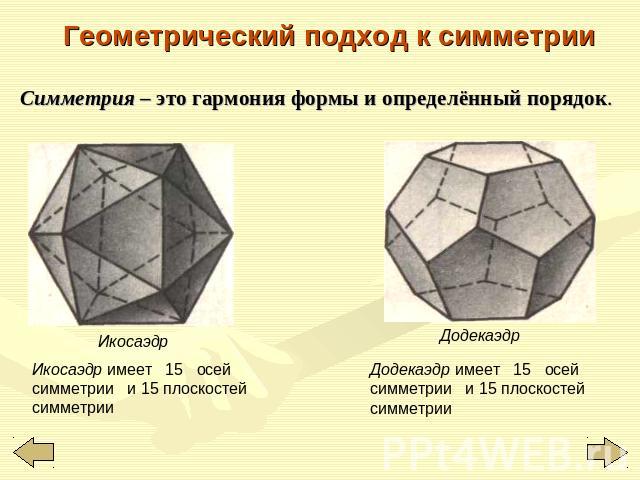 Геометрический подход к симметрии Симметрия – это гармония формы и определённый порядок. Икосаэдр имеет 15 осей симметрии и 15 плоскостей симметрии Додекаэдр имеет 15 осей симметрии и 15 плоскостей симметрии