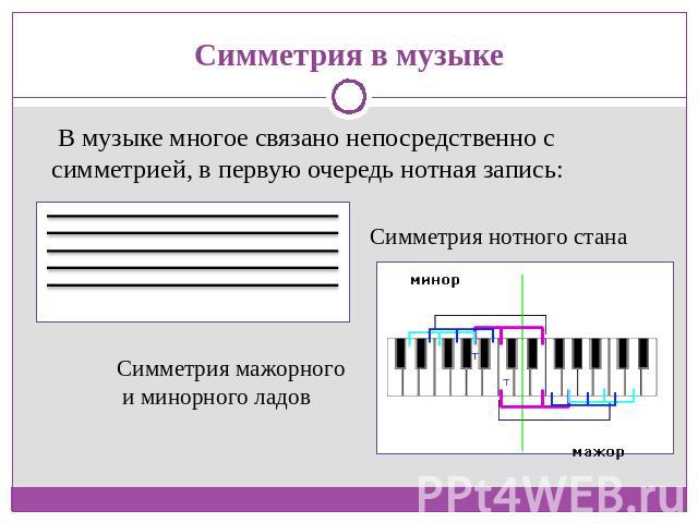 Симметрия в музыке В музыке многое связано непосредственно с симметрией, в первую очередь нотная запись: Симметрия нотного стана Симметрия мажорного и минорного ладов