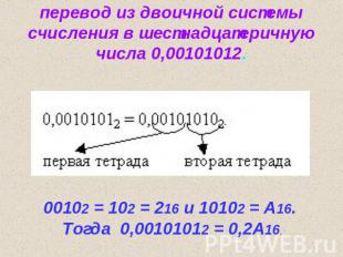 перевод из двоичной системы счисления в шестнадцатеричную числа 0,00101012. 0010