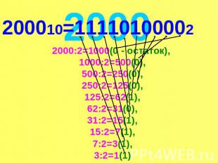 200010=11110100002 2000:2=1000(0 - остаток), 1000:2=500(0),500:2=250(0),250:2=12