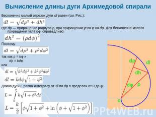 Вычисление длины дуги Архимедовой спирали Бесконечно малый отрезок дуги dl равен