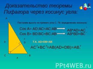 Доказательство теоремы Пифагора через косинус угла: Построим высоту из прямого у