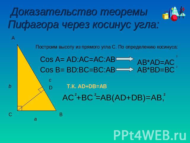 Доказательство теоремы Пифагора через косинус угла: Построим высоту из прямого угла С. По определению косинуса: Cos A= AD:AC=AC:AB Сos B= BD:BC=BC:AB AB*BD=BC