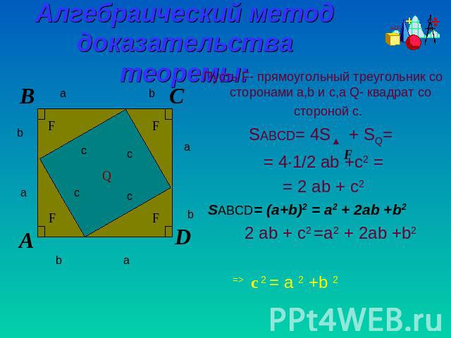 Алгебраический метод доказательства теоремы: Пусть F- прямоугольный треугольник со сторонами a,b и c,а Q- квадрат со стороной с. SABCD= 4S▲ + SQ= = 4·1/2 ab +c2 == 2 ab + c2 SABCD= (а+b)2 = a2 + 2ab +b2 2 ab + c2 =a2 + 2ab +b2 => c2 = a 2 +b 2