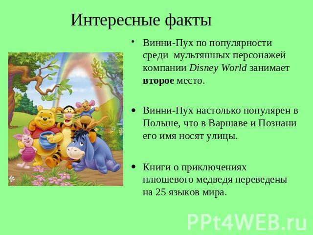 Интересные факты Винни-Пух по популярности среди мультяшных персонажей компании Disney World занимает второе место. Винни-Пух настолько популярен в Польше, что в Варшаве и Познани его имя носят улицы.Книги о приключениях плюшевого медведя переведены…