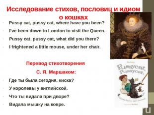 Исследование стихов, пословиц и идиом о кошках Pussy cat, pussy cat, where have