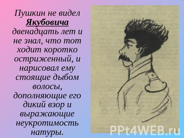 Пушкин не видел Якубовича двенадцать лет и не знал, что тот ходит коротко остриженный, и нарисовал ему стоящие дыбом волосы, дополняющие его дикий взор и выражающие неукротимость натуры.