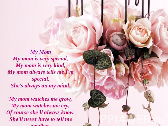 My MomMy mom is very special,My mom is very kind,My mom always tells me I'm special,She's always on my mind.My mom watches me grow,My mom watches me cry,Of course she'll always know,She'll never have to tell me goodbye.