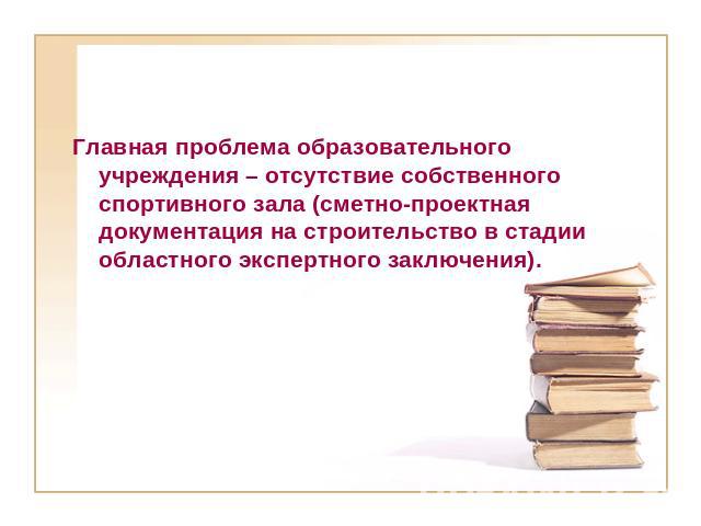 Главная проблема образовательного учреждения – отсутствие собственного спортивного зала (сметно-проектная документация на строительство в стадии областного экспертного заключения).