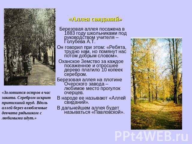 «Аллея свиданий» Березовая аллея посажена в 1883 году школьниками под руководством учителя – Голубева А.Т. Он говорил при этом: «Ребята, трудно нам, но помянут нас потом добрым словом». Оханское Земство за каждое посаженное и отросшее дерево платило…