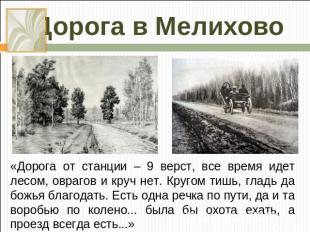 Дорога в Мелихово «Дорога от станции – 9 верст, все время идет лесом, оврагов и