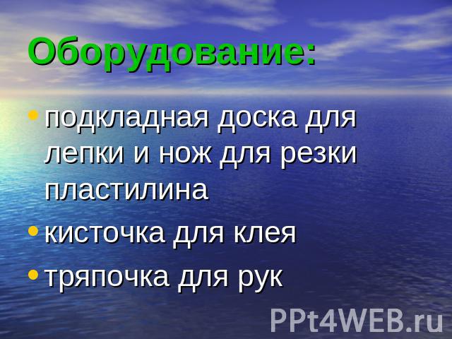 Оборудование: подкладная доска для лепки и нож для резки пластилинакисточка для клеятряпочка для рук