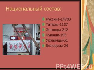 Национальный состав: Русские-14703Татары-1137Эстонцы-212Чуваши-195Украинцы-51Бел