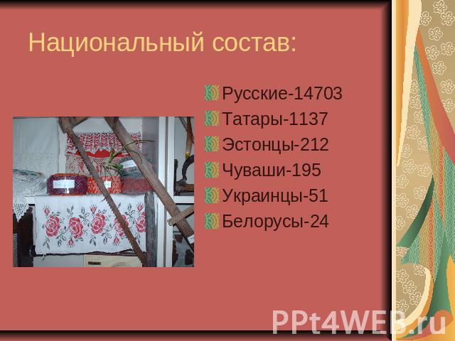 Национальный состав: Русские-14703Татары-1137Эстонцы-212Чуваши-195Украинцы-51Белорусы-24