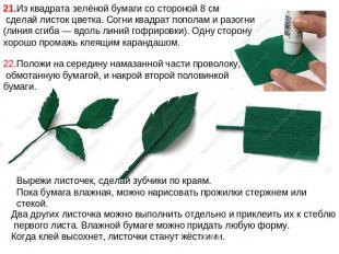 21.Из квадрата зелёной бумаги со стороной 8 см сделай листок цветка. Согни квадр