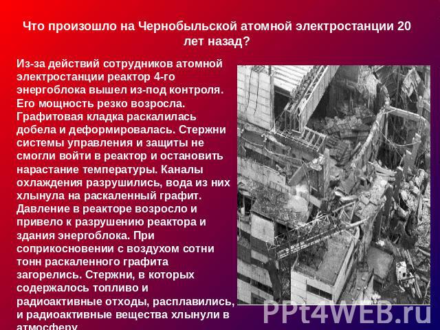 Что произошло на Чернобыльской атомной электростанции 20 лет назад?Из-за действий сотрудников атомной электростанции реактор 4-го энергоблока вышел из-под контроля. Его мощность резко возросла. Графитовая кладка раскалилась добела и деформировалась.…