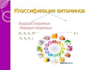 Классификация витаминов Водорастворимые Жирорастворимые (В1, В2, В6, РР, С, ( А,