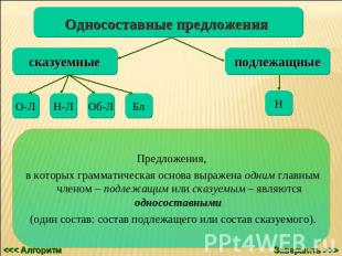 Односоставные предложения Предложения, в которых грамматическая основа выражена