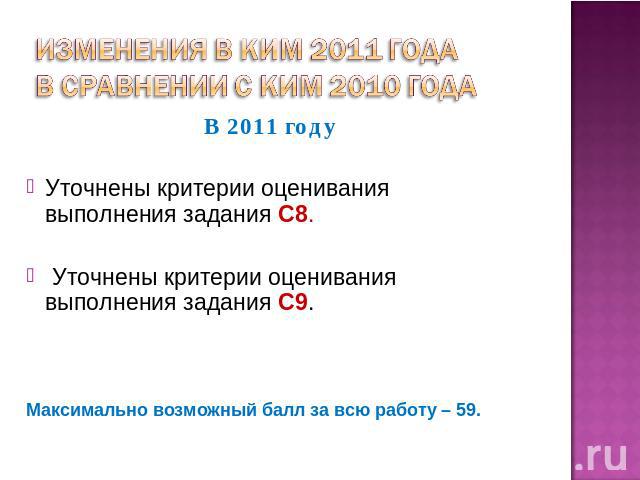 Изменения в КИМ 2011 года в сравнении с КИМ 2010 года В 2011 году Уточнены критерии оценивания выполнения задания С8. Уточнены критерии оценивания выполнения задания С9.