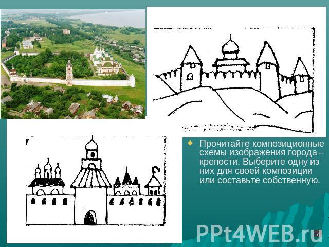 Прочитайте композиционные схемы изображения города – крепости. Выберите одну из них для своей композиции или составьте собственную.