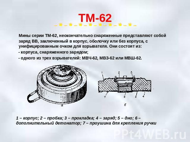 ТМ-62 Мины серии ТМ-62, неокончательно снаряженные представляют собой заряд ВВ, заключенный в корпус, оболочку или без корпуса, с унифицированным очком для взрывателя. Они состоят из: - корпуса, снаряженного зарядом; - одного из трех взрывателей: МВ…