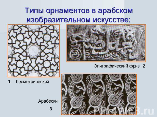 Типы орнаментов в арабском изобразительном искусстве: Геометрический Эпиграфический фризАрабески