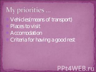 My priorities … Vehicles(means of transport)Places to visitAccomodationCriteria