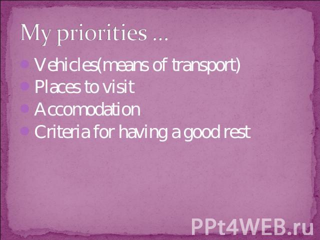 My priorities … Vehicles(means of transport)Places to visitAccomodationCriteria for having a good rest