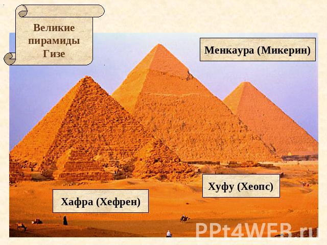 Великие пирамиды ГизеМенкаура (Микерин)Хафра (Хефрен)Хуфу (Хеопс)
