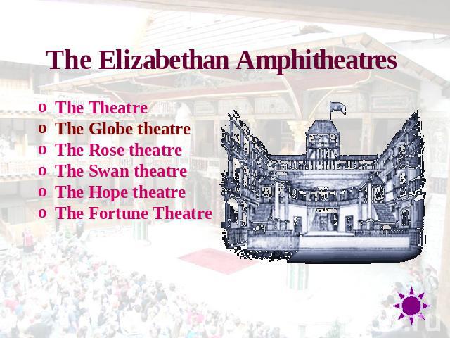 The Elizabethan Amphitheatres The TheatreThe Globe theatreThe Rose theatreThe Swan theatreThe Hope theatreThe Fortune Theatre