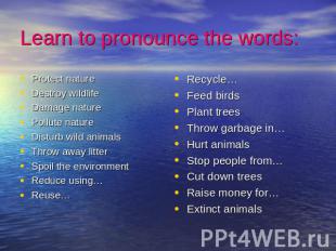 Learn to pronounce the words: Protect natureDestroy wildlifeDamage naturePollute