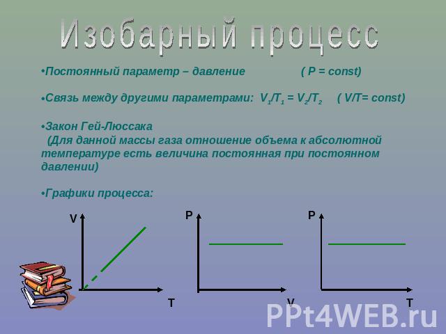 Изобарный процессПостоянный параметр – давление ( Р = const)Связь между другими параметрами: V1/Т1 = V2/T2 ( V/Т= const)Закон Гей-Люссака (Для данной массы газа отношение объема к абсолютной температуре есть величина постоянная при постоянном давлен…