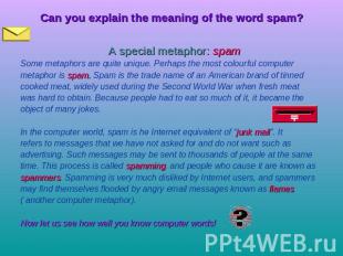 Can you explain the meaning of the word spam? A special metaphor: spam Some meta