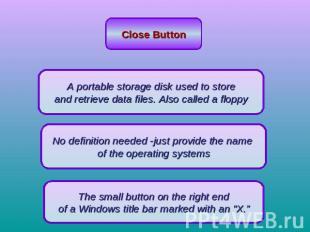 Close Button A portable storage disk used to store and retrieve data files. Also