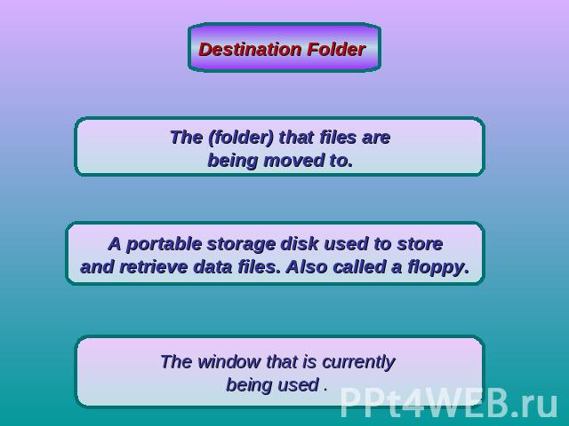 Destination Folder The (folder) that files are being moved to. A portable storage disk used to store and retrieve data files. Also called a floppy. The window that is currently being used .