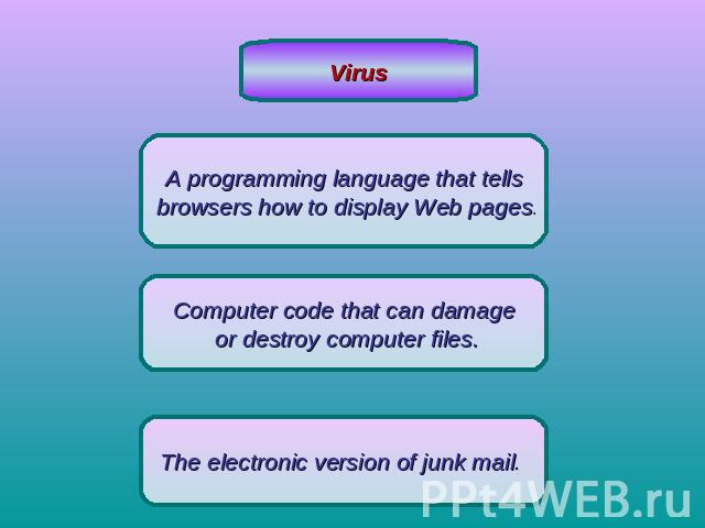 VirusA programming language that tells browsers how to display Web pages.Computer code that can damage or destroy computer files.The electronic version of junk mail.