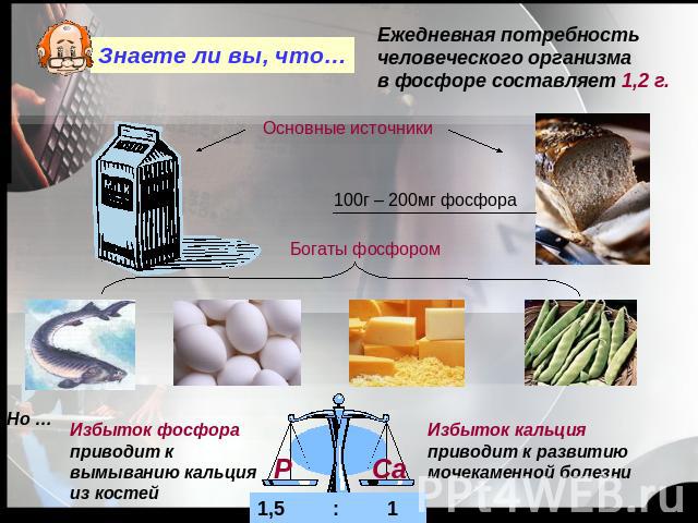 Ежедневная потребность человеческого организма в фосфоре составляет 1,2 г.Избыток фосфора приводит к вымыванию кальция из костейИзбыток кальция приводит к развитию мочекаменной болезни