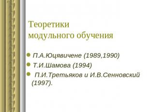 Теоретики модульного обучения П.А.Юцявичене (1989,1990)Т.И.Шамова (1994) П.И.Тре