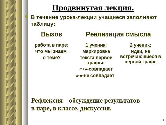 Продвинутая лекция. В течение урока-лекции учащиеся заполняют таблицу:Рефлексия – обсуждение результатов в паре, в классе, дискуссия.