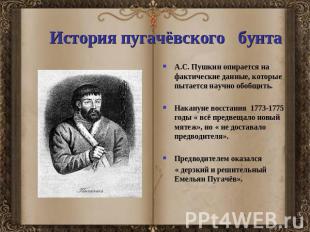 История пугачёвского бунта А.С. Пушкин опирается на фактические данные, которые