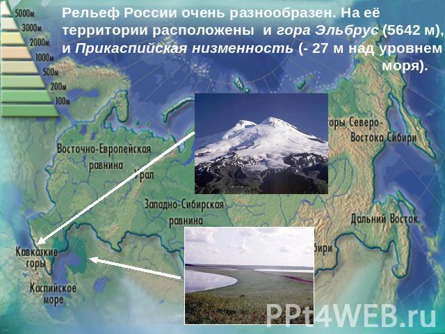 Рельеф России очень разнообразен. На её территории расположены и гора Эльбрус (5642 м), и Прикаспийская низменность (- 27 м над уровнем моря).