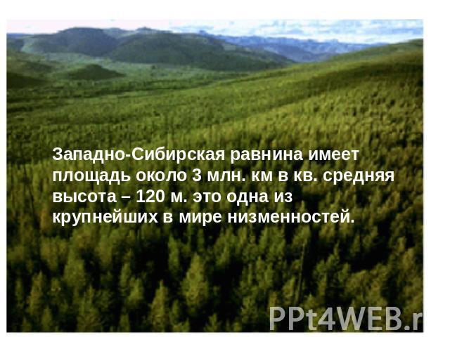 Западно-Сибирская равнина имеет площадь около 3 млн. км в кв. средняя высота – 120 м. это одна из крупнейших в мире низменностей.