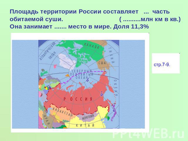 Площадь территории России составляет ... часть обитаемой суши. ( ..........млн км в кв.)Она занимает ....... место в мире. Доля 11,3%