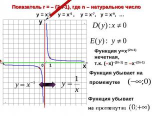 Показатель r = – (2n-1), где n – натуральное числоФункция у=х-(2n-1) нечетная, т