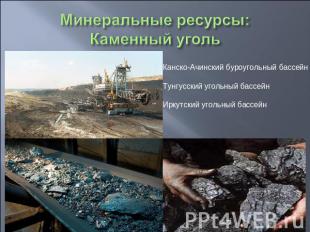 Минеральные ресурсы:Каменный уголь Канско-Ачинский буроугольный бассейнТунгусски