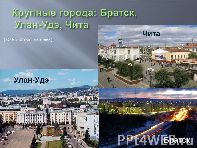 Крупные города: Братск, Улан-Удэ, Чита (250-500 тыс. человек)