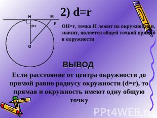 2) d=rОН=r, точка Н лежит на окружности и, значит, является общей точкой прямой
