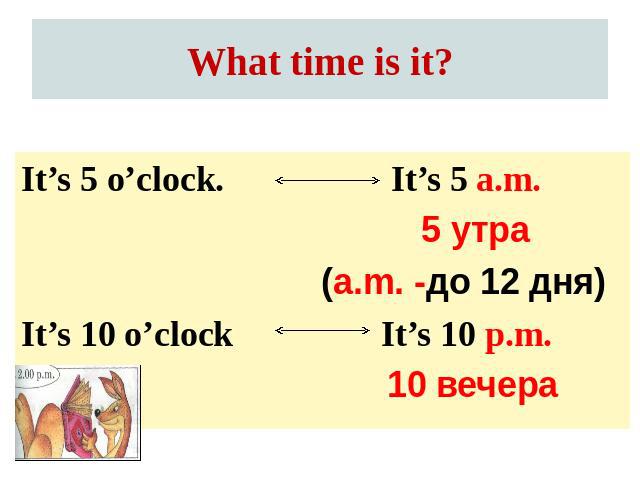 What time is it? It’s 5 o’clock.It’s 10 o’clock It’s 5 a.m. 5 утра(a.m. -до 12 дня) It’s 10 p.m.10 вечера