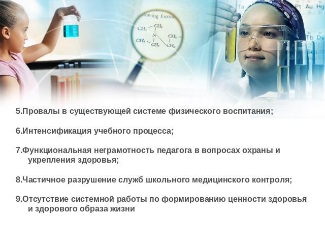 5.Провалы в существующей системе физического воспитания;6.Интенсификация учебного процесса;7.Функциональная неграмотность педагога в вопросах охраны и укрепления здоровья;8.Частичное разрушение служб школьного медицинского контроля;9.Отсутствие сист…