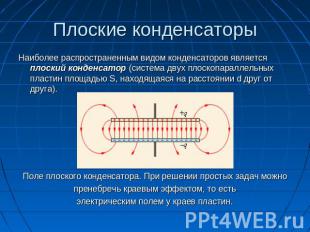 Плоские конденсаторы Наиболее распространенным видом конденсаторов является плос